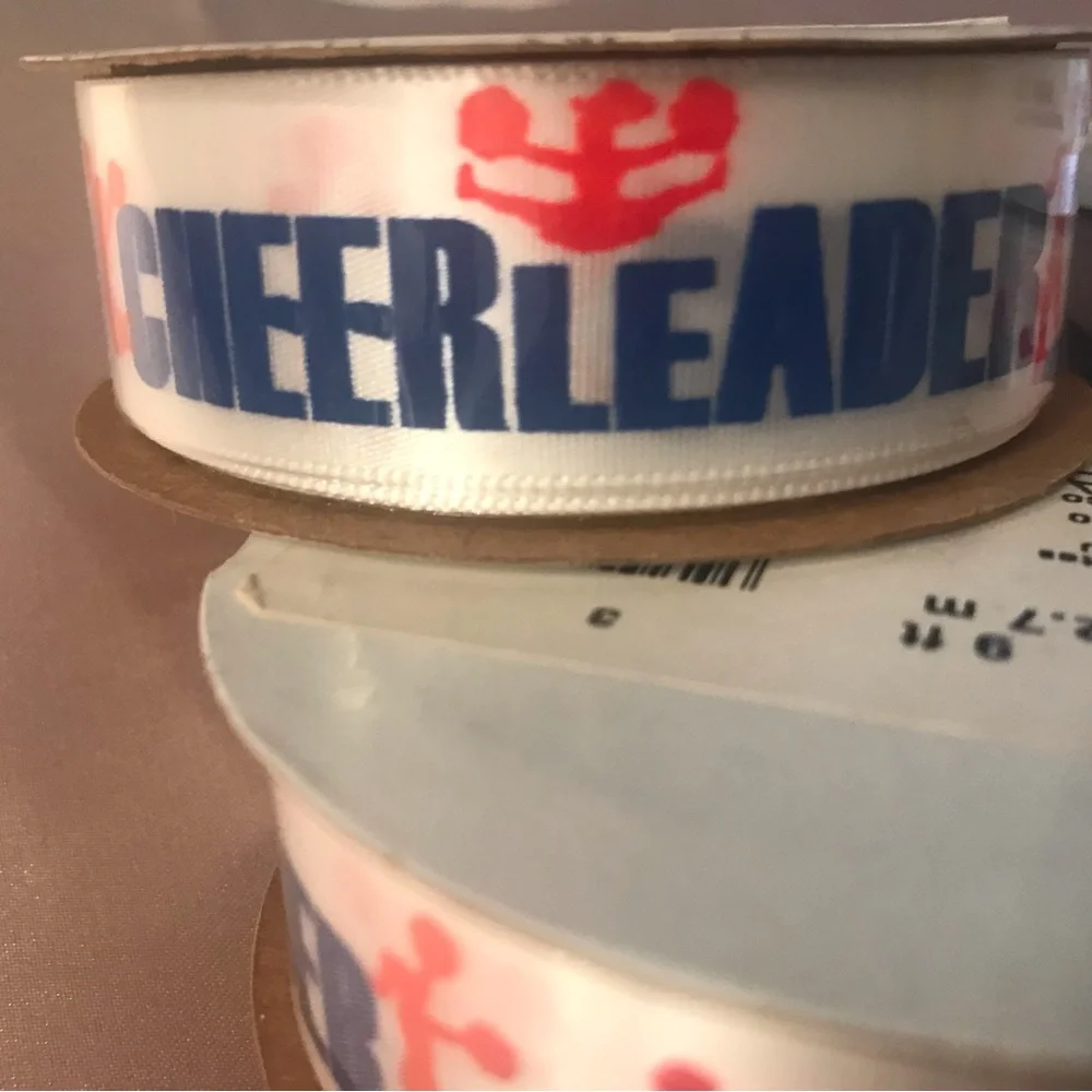 Cheerleader Printed Grosgrain Ribbon – White with Blue and Coral. Lot of 6 reels
